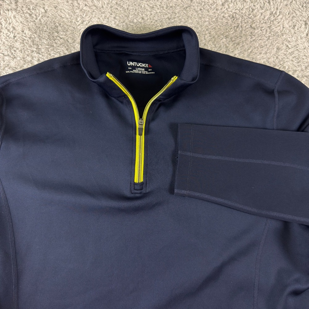 UNTUCKit Mens Large Navy Blue Neon Yellow Quarter Zip Performance Pullover